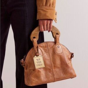 FREE PEOPLE Baby Willow Leather Dome Satchel in Cognac Tan with Wooden Handles